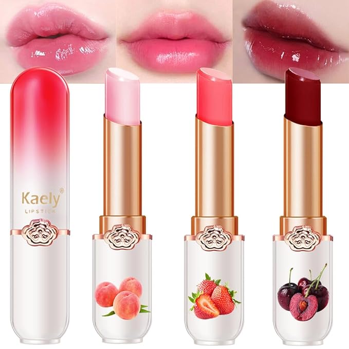 evpct 3Pcs Color Changing Lipstick Long Lasting Waterproof 24 Hours Original for Women, Peach Strawberry Black Red Cherry Pink PH Mood Permanent Color Changing Lipstick Lip Balm, labial magico