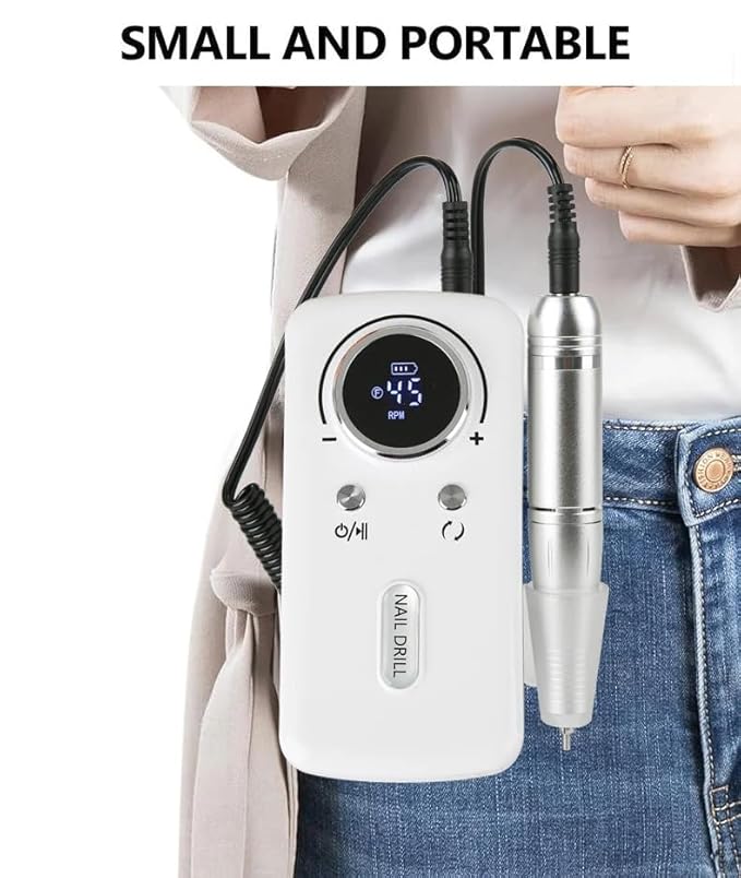 ANRLO Professional Electric Nail Drill, 45000 RPM Cordless Rechargeable E-File Machine, with 12 Bits, Sanding Bands, LCD Display for Acrylic Gel Nails (DMJ-V1-White)