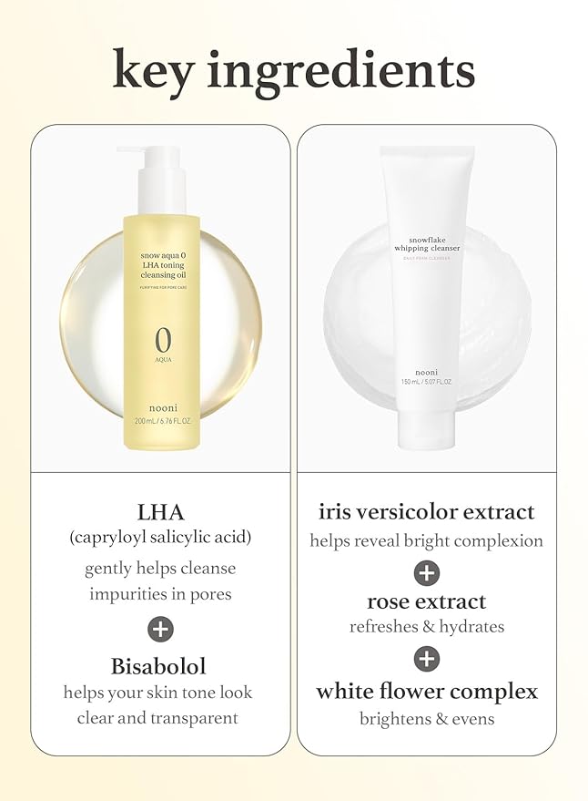 NOONI Double Cleansing Duo - LHA Toning Cleansing Oil + Whipping Cleanser | Makeup Blackhead Remover, Pore Care Control, Glass Skin