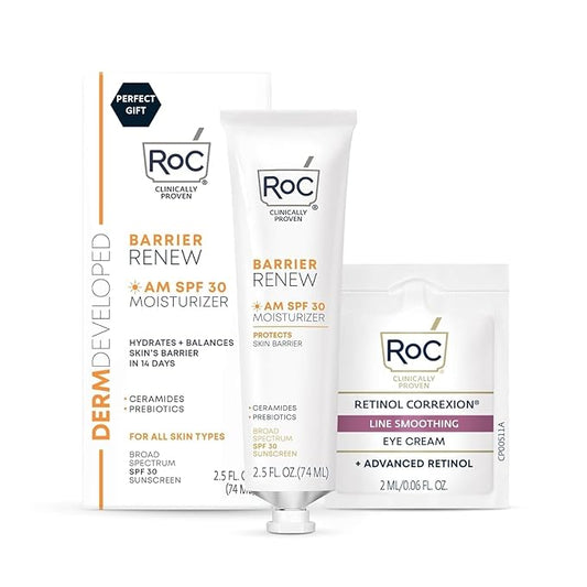 RoC Barrier Renew Day Cream with SPF 30, Moisturizer with Ceramides & Prebiotics to Protect Skin Barrier, (2.5 oz) with Retinol Eye Cream Packette