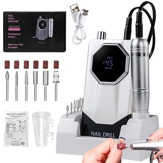 ANRLO Professional Electric Nail Drill, 45000 RPM Cordless Rechargeable E-File Machine, with 12 Bits, Sanding Bands, LCD Display for Acrylic Gel Nails (DMJ-V11-White-USB)