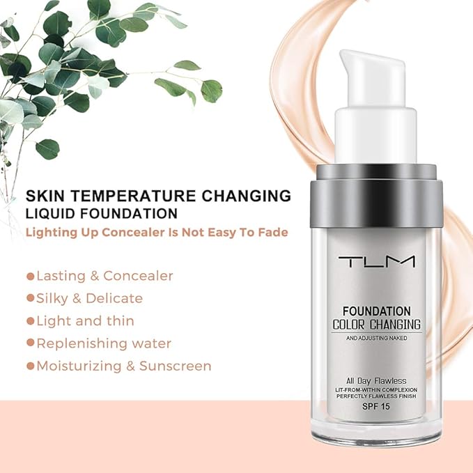 TLM Color Changing Foundation Concealer Cover Cream Liquid Base Flawless Full Coverage Natural Foundation Makeup Moisturizing Fluid for All Skin SPF15 (#1, 30ml)