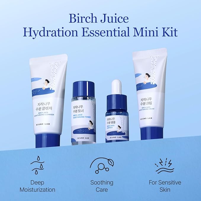 ROUND LAB Birch Juice Moisturizing Mini Kit, 4-Step Travel Size Skincare Set (Cleanser, Toner, Serum, Cream), Daily Skin Care Routine Trial Kit for Acne-Prone and Sensitive Skin, Stocking Stuffers