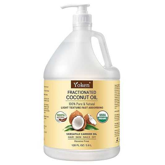 Yoken USDA Organic Fractionated Coconut Oil, 1 Gallon (128 Fl Oz), Liquid Coconut Oil for Massage & Bulk Use, Professional Body & Carrier Oil, Unscented, Hexane Free