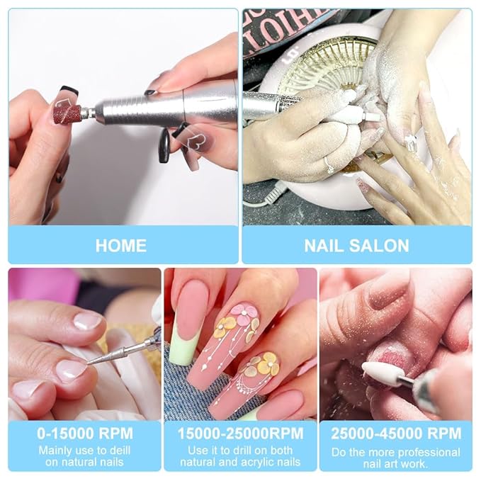 ANRLO Professional Electric Nail Drill, 45000 RPM Cordless Rechargeable E-File Machine, with 12 Bits, Sanding Bands, LCD Display for Acrylic Gel Nails (DMJ-V4-WHITE-USB)