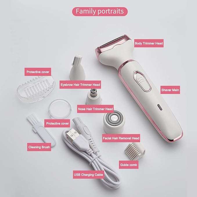 ANFOOS Electric Razor for Women,Hair Trimmer for Face Nose Eyebrow Beard Mustache Arm Leg Armpit Bikini,Painless Rechargeable Portable 4 in 1 Womens Body Shavers Set