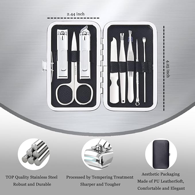 Nail Clippers Set, Manicure Grooming Care Tools Kit: Fingernail Clipper & Toenail Pedicure Cutter, Mini Nail Trimmer Kit with Travel Case Gifts for Men, Women (Black)