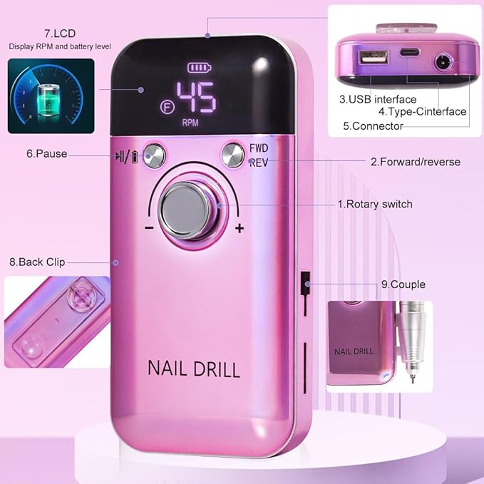 ANRLO Professional Electric Nail Drill, 45000 RPM Cordless Rechargeable E-File Machine, with 12 Bits, Sanding Bands, LCD Display for Acrylic Gel Nails (DMJ-V6-Purple)