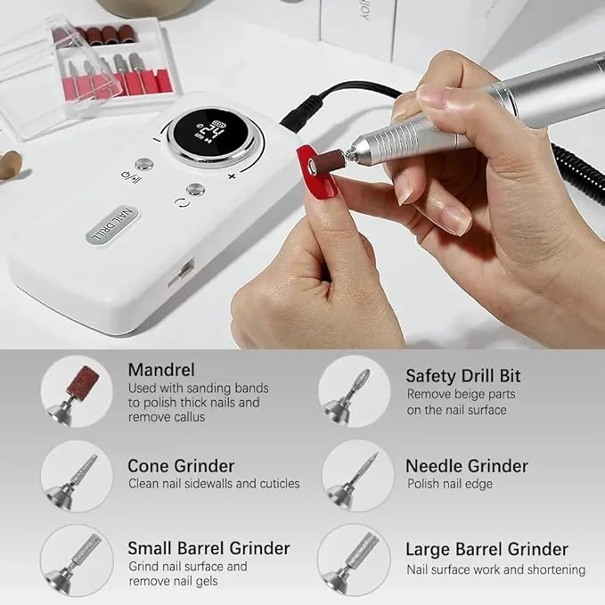 ANRLO Professional Electric Nail Drill, 45000 RPM Cordless Rechargeable E-File Machine, with 12 Bits, Sanding Bands, LCD Display for Acrylic Gel Nails (DMJ-V1-White)