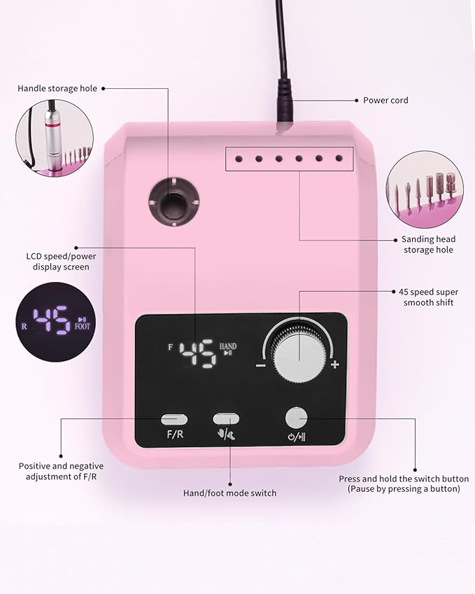 ANRLO Professional Electric Nail Drill, 45000 RPM Cordless Rechargeable E-File Machine, with 12 Bits, Sanding Bands, LCD Display for Acrylic Gel Nails (DMJ-204-Pink-US)