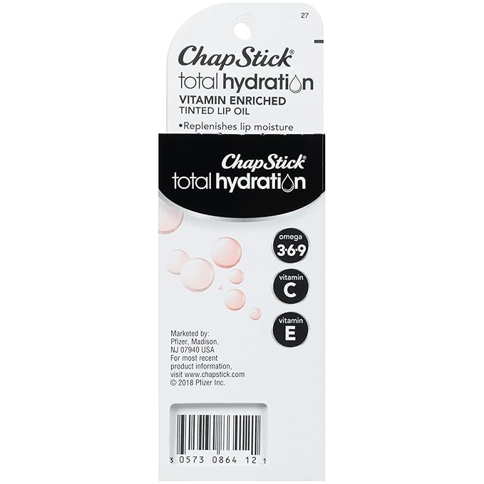 ChapStick Total Hydration Vitamin Enriched Tinted Lip Oil (Nearly Nude, 1 Tube), Vitamin C, Vitamin E, Contains Omega 3 6 9, 0.24 Ounce