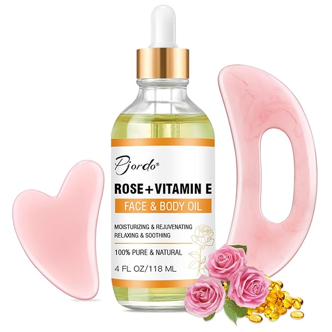 Vitamin E Rose Oil & Gua Sha Massage Tools Set, Gua Sha Oil for Face & Body, Organic Vitamin E Oil for Moisturizing and Hydrating, Anti Aging, Valentine's Day Gifts for Her