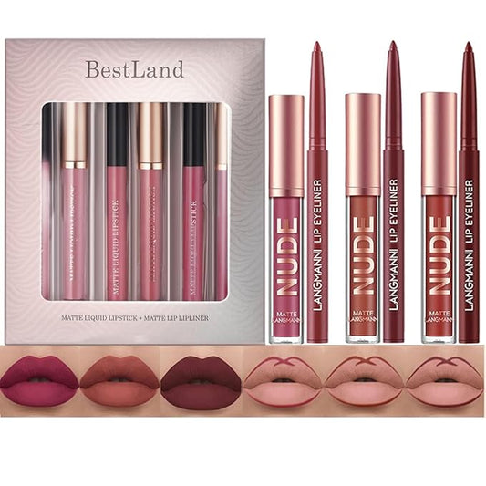 BestLand 6Pcs Matte Liquid Lipstick & Lip Liner Set – Waterproof, Long-Lasting Nude Lip Stain Makeup Kit, Velvety Texture, Gift Set (Vintage Charm Lip Set)