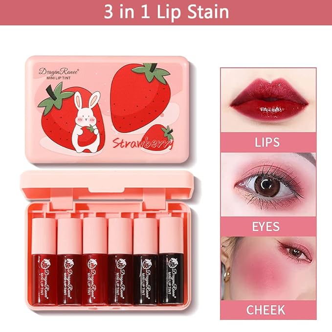 6 Colors Lip Tint Stain Set, Korean Makeup Lip Stain Moisturizing Mini Liquid Lipstick, Multi-use Lip and Cheek Tint, Long lasting Non-Stick Cup Waterproof, Cute Stuff, Lip Color Makeup