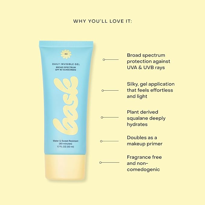Bask Suncare SPF 40 Daily Invisible Gel Face Sunscreen - Broad Spectrum Protection, Fragrance Free, Makeup Primer, Hydrating, Lightweight & Non-Greasy, Dermatologist Recommended, 1.7 fl oz