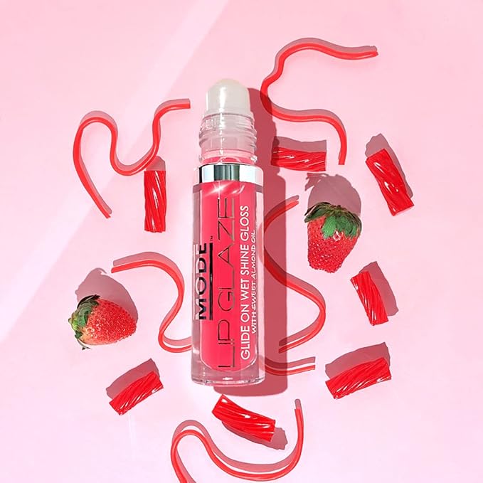 MODE Lip Glaze Flavored Lip Gloss STRAWBERRY CANDY Delicious Flavor, Roll On Sweet Wet Nourishing Shine, Hydrating Moisturizing Natural Skincare Fruit Oils, Made in NY USA