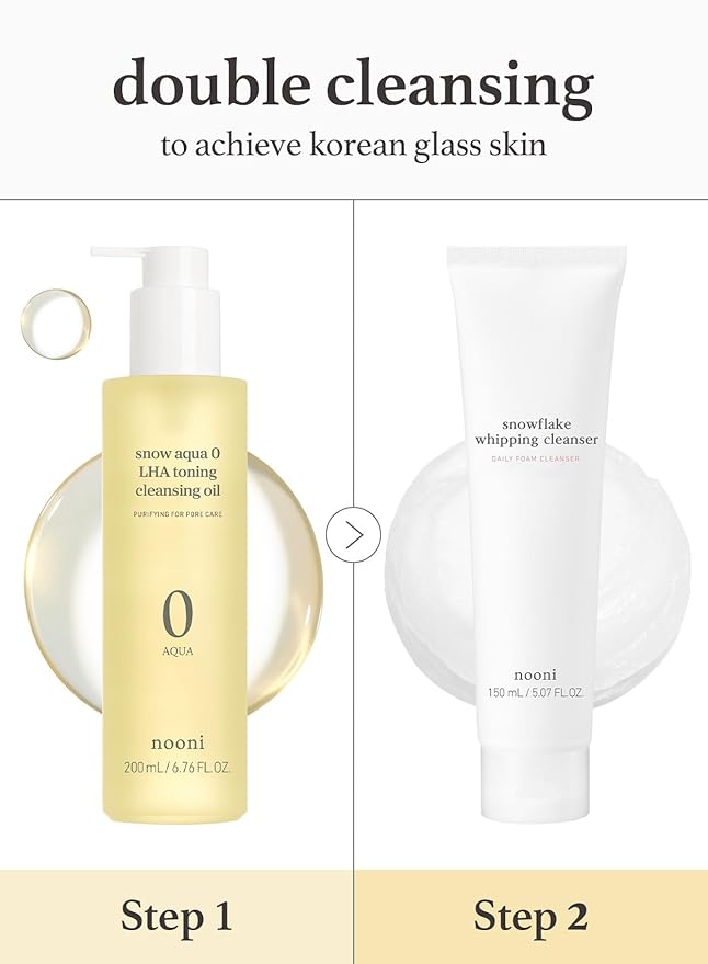 NOONI Double Cleansing Duo - LHA Toning Cleansing Oil + Whipping Cleanser | Makeup Blackhead Remover, Pore Care Control, Glass Skin