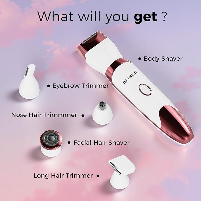 BLIBEE Bikini Trimmer for Women, LED Display Electric Razors for Women, 5-in-1 Electric Shaver, Rechargeable Painless Pubic Hair Trimmer for Legs, Underarms, Face & Sensitive Skin (Purple)