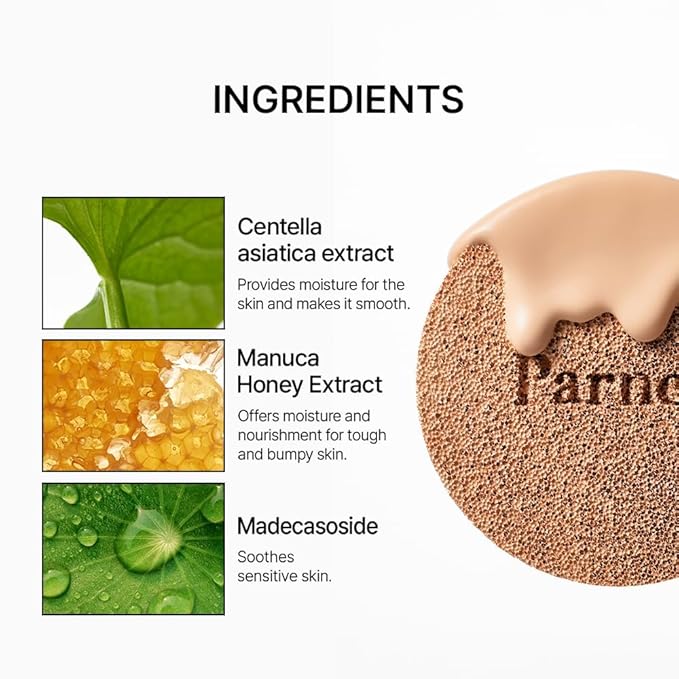 Parnell Cicamanu Serum Cushion - Moisturizing Foundation for Soothing, Coverage, Glass Skin and Lightweight for Sensitive and Dry Skin Pearl Skin (0.52 Fl Oz) (#24 Sand Beige)