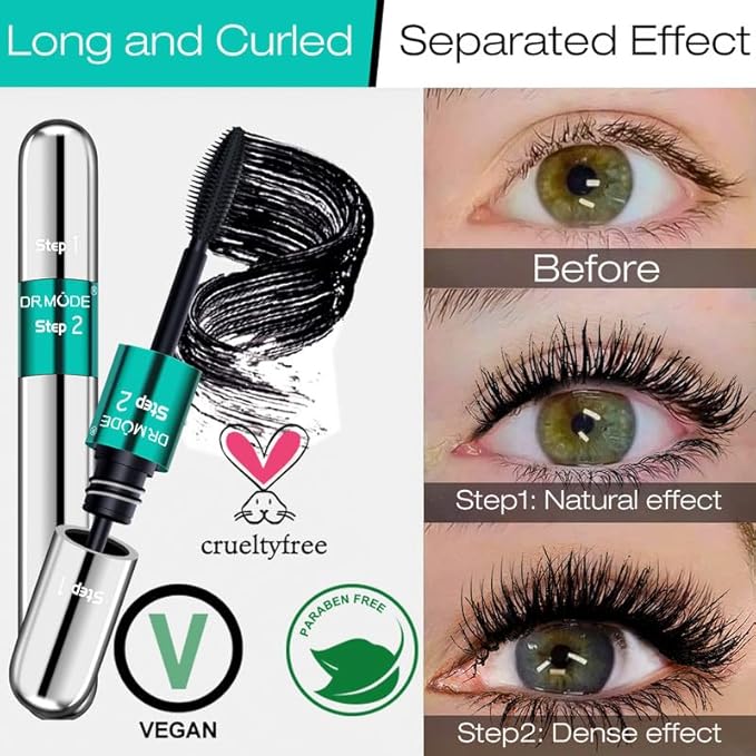 Mascara Black Length - Waterproof 2 in 1 4D Silk Fiber Mascara 5X Longer, Natural and False Effect Look in One Long Lasting Mas Cara Makeup for Women