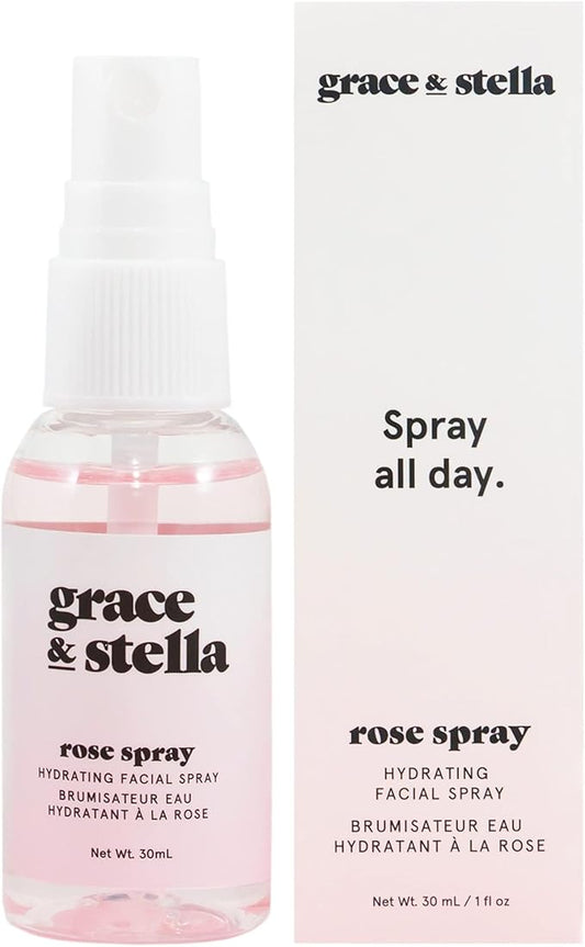 grace & stella Award Winning Rose Water Spray for Face with Glycerin & Aloe Vera - Travel Size (30ml) - Rosewater Face Mist for All Skin Types - Hydrating, Calming, Rejuvenating Facial Toner - Vegan