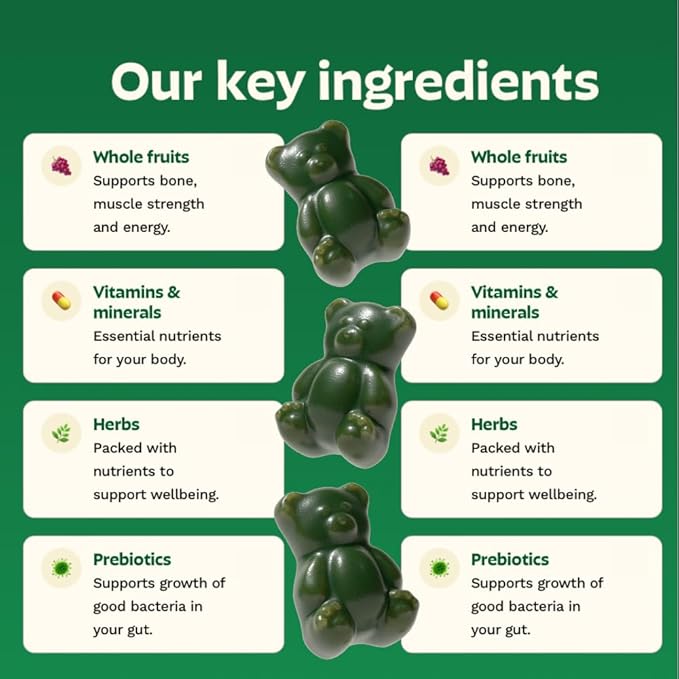 Gruns Adult Sugar-Free Super Greens Gummies, Superfood Vitamin Gummy Bears with Spirulina, Chlorella, Fiber & Prebiotics for Digestive Health, Adaptogens Supplement, 20 Vitamins & Minerals, 28 packets