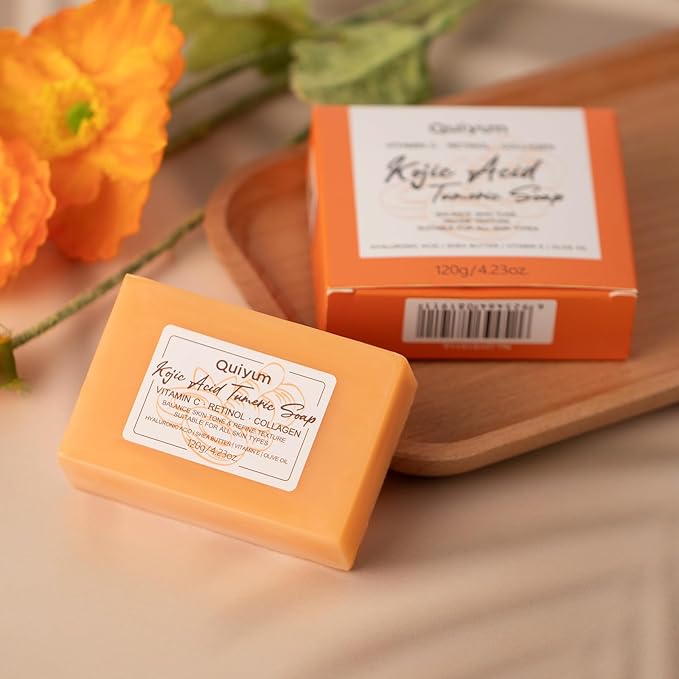 Kojic Acid Turmeric Soap, Dark Spot Remover for Face, Facial Skin Care Products, Even Skin Tone, Moisturizing & Nourishing, 3 Pack+ African Net Sponge, Christmas Gift Stocking Stuffers