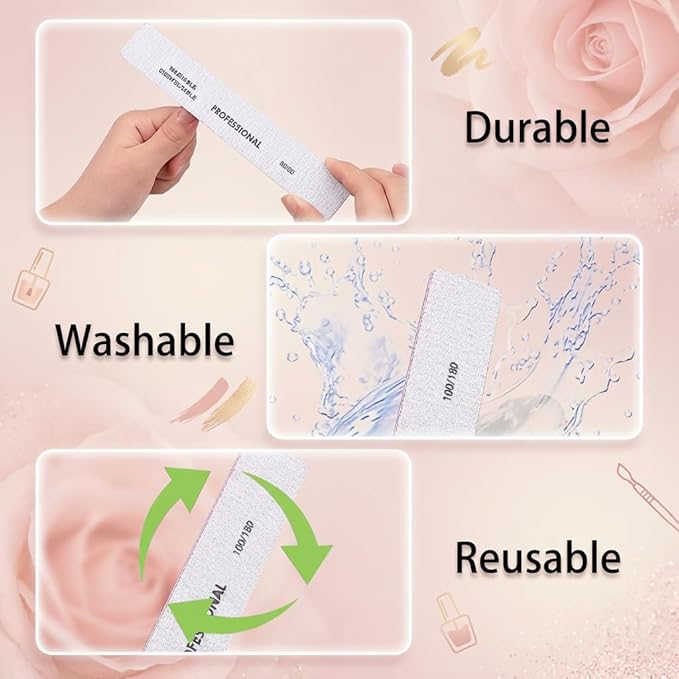 Klimonla 25PCS Professional Rectangular Emery Board Nail Files, 100/180 Grit Dual-Sided Buffer, Reusable Nail Filing Tools for Natural & Acrylic Nails, Home & Salon Manicure Supplies