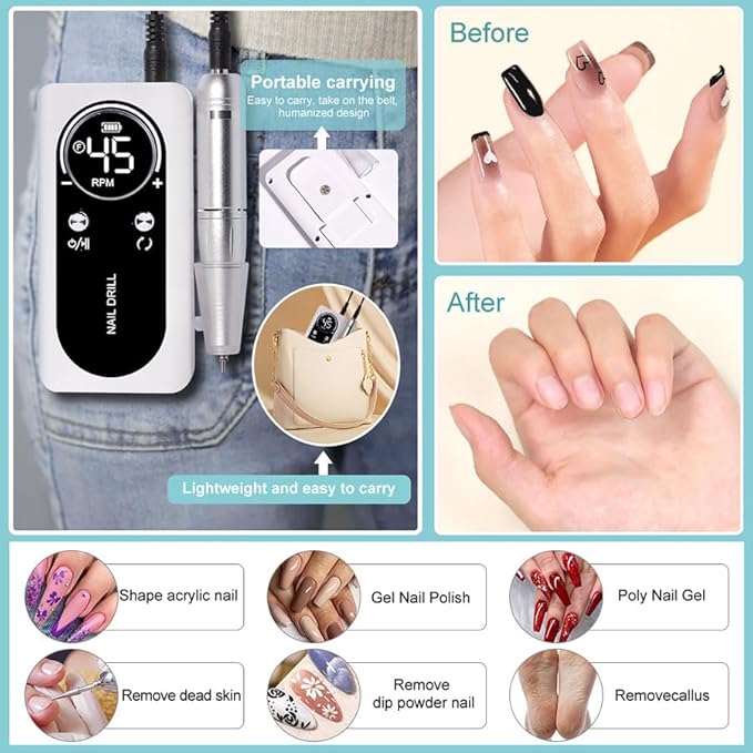 ANRLO Professional Electric Nail Drill, 45000 RPM Cordless Rechargeable E-File Machine, with 12 Bits, Sanding Bands, LCD Display for Acrylic Gel Nails (DMJ-V2-USB-White)