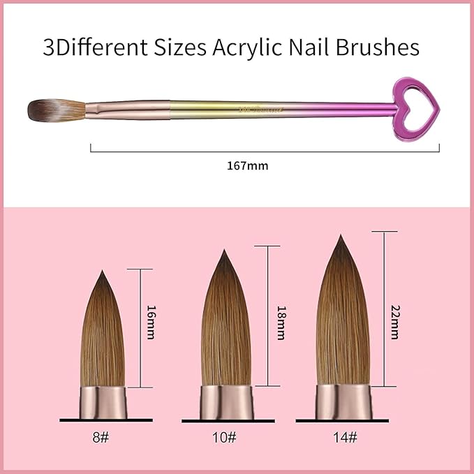 3Pcs Professional Acrylic Nail Brush Set, Size 8/10/14, Gradient Handle Heart-Shaped Nail Brushes for Acrylic Application Powder & Nail Extension, 3D Nail Carving Tools for DIY Home Salon