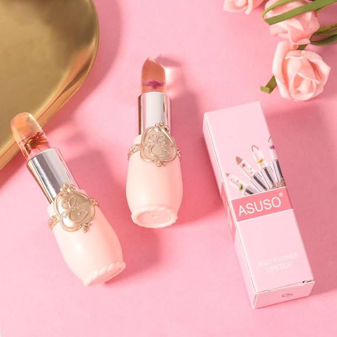 BINGBRUSH 2Pcs Color Changing Lipstick,Pink Crystal Flower Jelly PH Mood Long Lasting Labiales Lip Care Moisturizer Lip Balm Korean Magic Lip Gloss Makeup Lipstick Set for Women