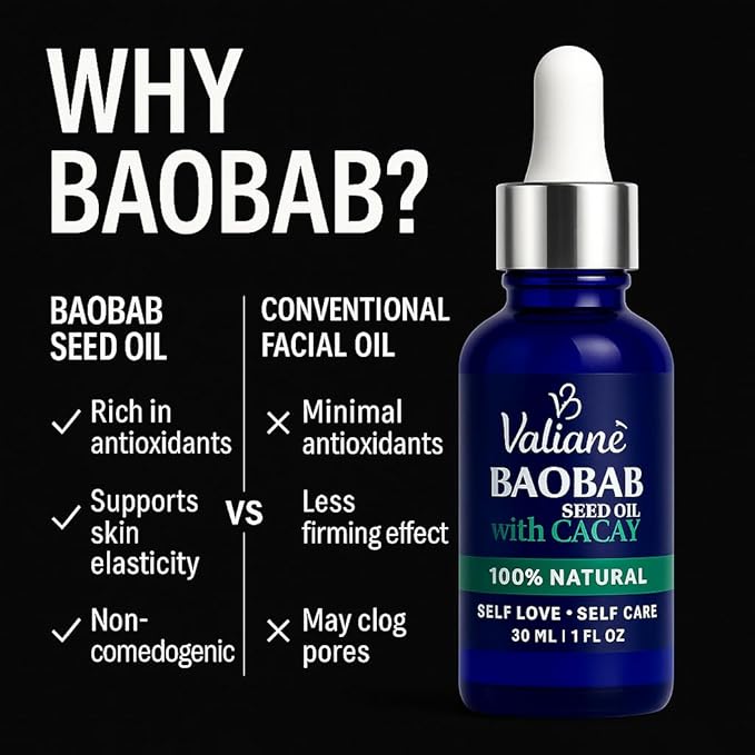 BAOBAB OIL + CACAY for HAIR & FACE Premium Enriched Blend - Hair Oil & Beard Oil - Facial Serum - Cold-Pressed Lightweight Fast-Absorbing, 100% NATURAL - for Body Neck Décolleté Nails -1 fl oz Valianè