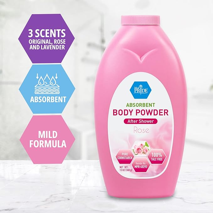 MED PRIDE Talc Free Cornstarch Body Powder with Rose Scent, Moisture Absorbing Skin Care for Daily Freshness, Cruelty Free Formula, 13 Ounce Bottle
