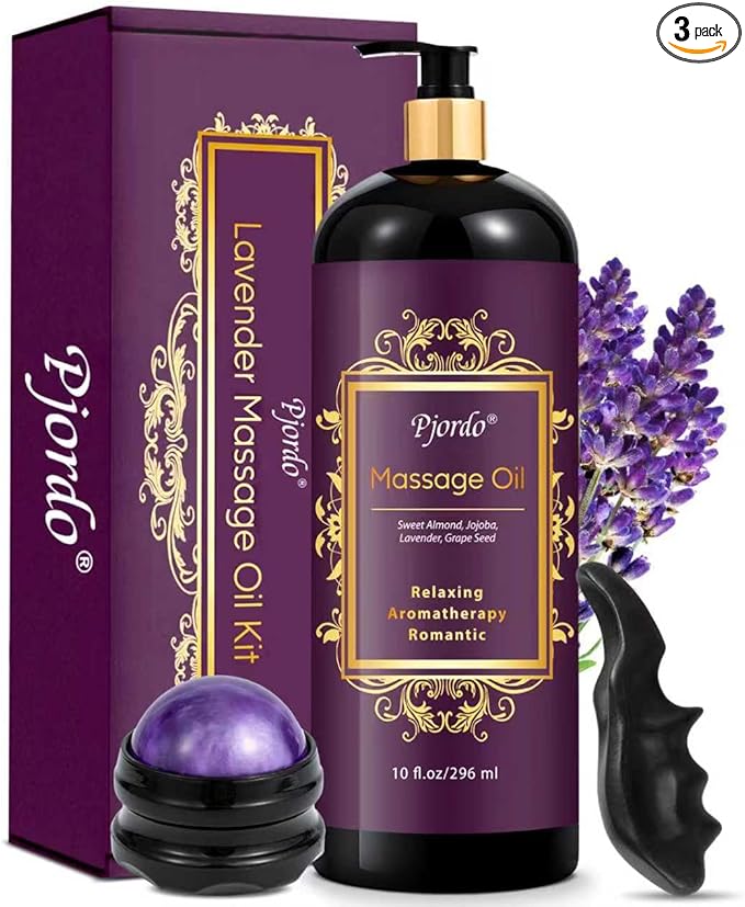 Pjordo Aromatherapy Lavender Massage Oil, Massage Oil for Massage Therapy, Calming, Soothing, Relaxing, Spa Gifts for Him Her, 10 Fl Oz, Valentines Day Gifts for Women Men