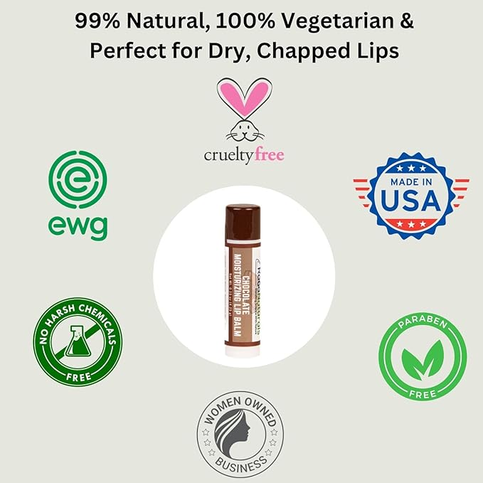 RaGaNaturals Natural Chocolate Lip Balm - Original Beeswax, Shea Butter, Jojoba Oil, Vitamin E - All Day Hydration for Dry & Cracked Lips - Stocking Stuffers & Christmas Gift -Handmade in USA (4 Pack)