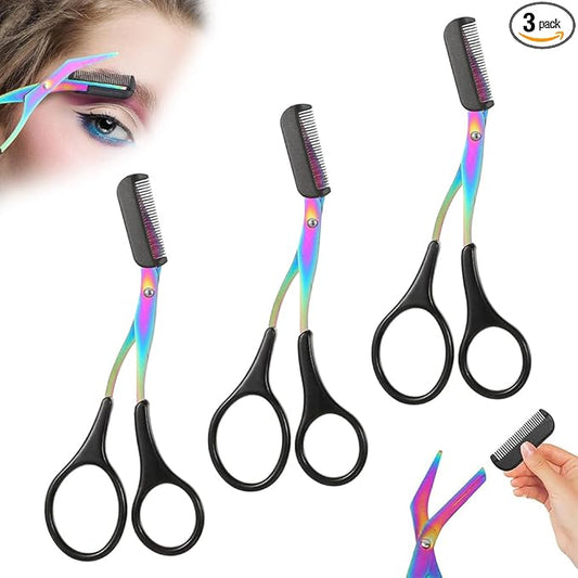 2 in 1 Eyebrow Scissors with Comb, Precision Stainless Steel Eyebrow Trimmer Cutter, Non-Slip Grooming Scissors for Men & Women, Portable Facial Hair Removal Makeup Tool (Black, 3Pcs)