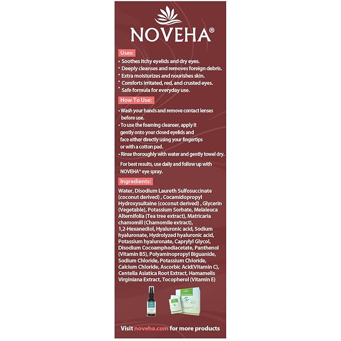 NOVEHA Extra Nove Eyelid Foaming Cleanser | Daily Skincare For Eyelashes & lids, Eye Irritations, Stye Eyes, Skin Dryness, Moisturize with Organic Ingredients, For All Skin Types - 3.38 oz
