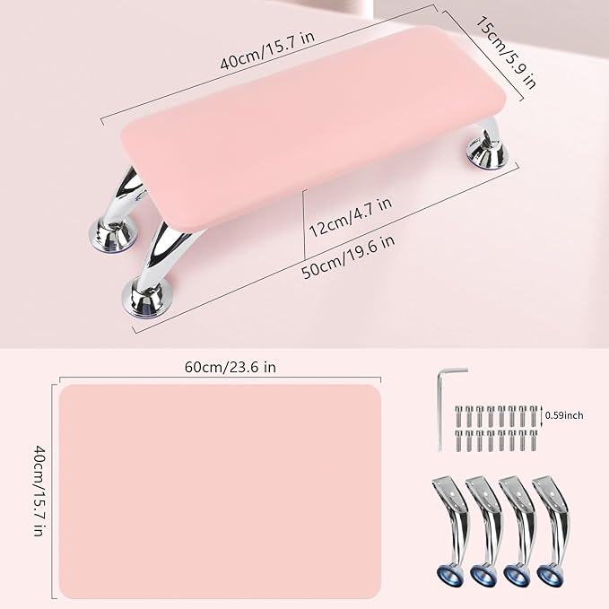 Nail Arm Rest for Acrylic Nails with Nail Table Mat, Microfiber Leather Nail Hand Rest Cushion for Nails, Soft Hand Pillow Footstool with Foldable Nail Art Hand Rest Pad for Nail Tech Use (Pink)