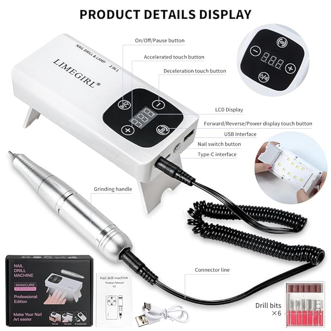 ANRLO Professional Electric Nail Drill, 45000 RPM Cordless Rechargeable E-File Machine, with 12 Bits, Sanding Bands, LCD Display for Acrylic Gel Nails (DMJ-V3)