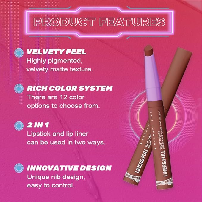 2-IN-1 Lipstick Lipliner, Velvet Matte Finish, Smooth & Plump, 12 Universal Lip Color-Nude Pink Rose Mauve Berry Plum, Creamy Formula for Lip Makeup, All-Day Wear, Cruelty-Free (#08 MAPLE BRICK)