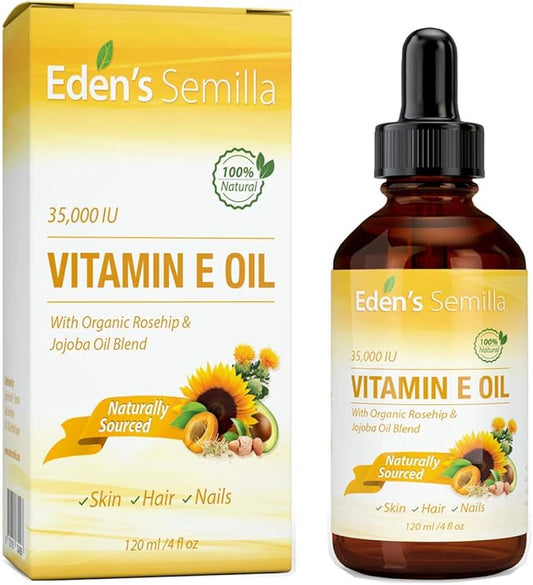 Eden's Semilla 100% Plant Extract Vitamin E Oil 35,000 IU + Organic Rosehip & Jojoba Blend - Fast Absorbing Skin Protection for Face & Body. Pure Ingredients - Ideal for Sensitive Skin - Use Daily