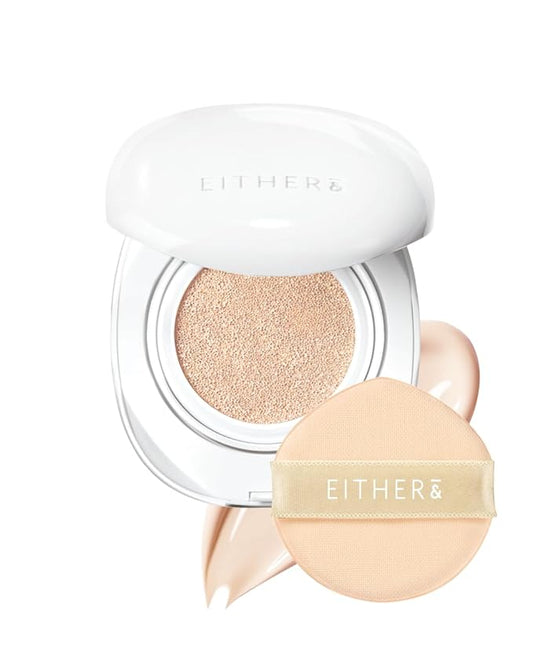 EITHER& Glow Pixel Cushion, 62% Skincare-Infused Foundation for Radiant Glass Skin, No Oxidation, 100H Long-Wear, Lightweight Buildable Korean Cushion (17P Porcelain, 12g)
