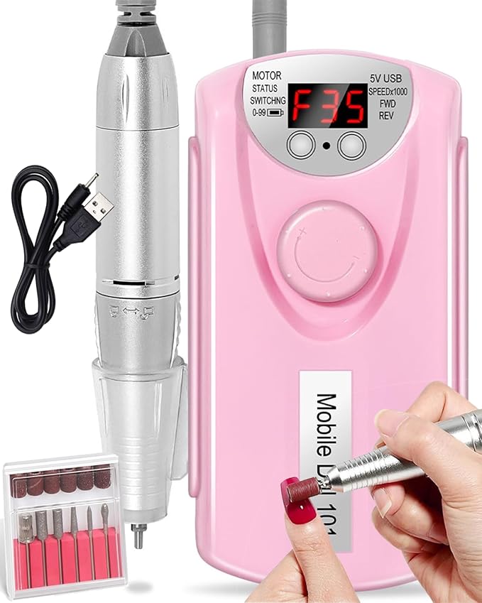 ANRLO Professional Electric Nail Drill, 45000 RPM Cordless Rechargeable E-File Machine, with 12 Bits, Sanding Bands, LCD Display for Acrylic Gel Nails (DMJ-101-Pink-USB)