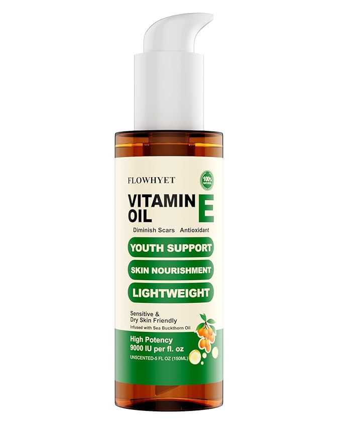 FLOWHYET 5 Floz Vitamin E Oil For Skin Scars, Pure Organic Nail Oil vit e for Cuticle, Face, Body and Hair, Nourish Dry Skin, Maintain Youthful, Antioxidant, Fade Scars LIGHTWEIGHT - 150ml