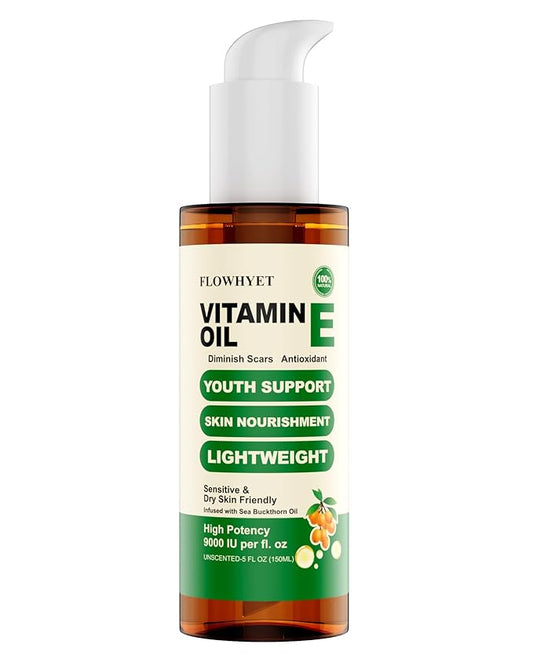 FLOWHYET 5 Floz Vitamin E Oil For Skin Scars, Pure Organic Nail Oil vit e for Cuticle, Face, Body and Hair, Nourish Dry Skin, Maintain Youthful, Antioxidant, Fade Scars LIGHTWEIGHT - 150ml