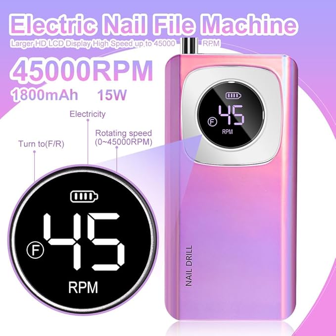 ANRLO Professional Electric Nail Drill, 45000 RPM Cordless Rechargeable E-File Machine, with 12 Bits, Sanding Bands, LCD Display for Acrylic Gel Nails (DMJ-V4-purple-USB)