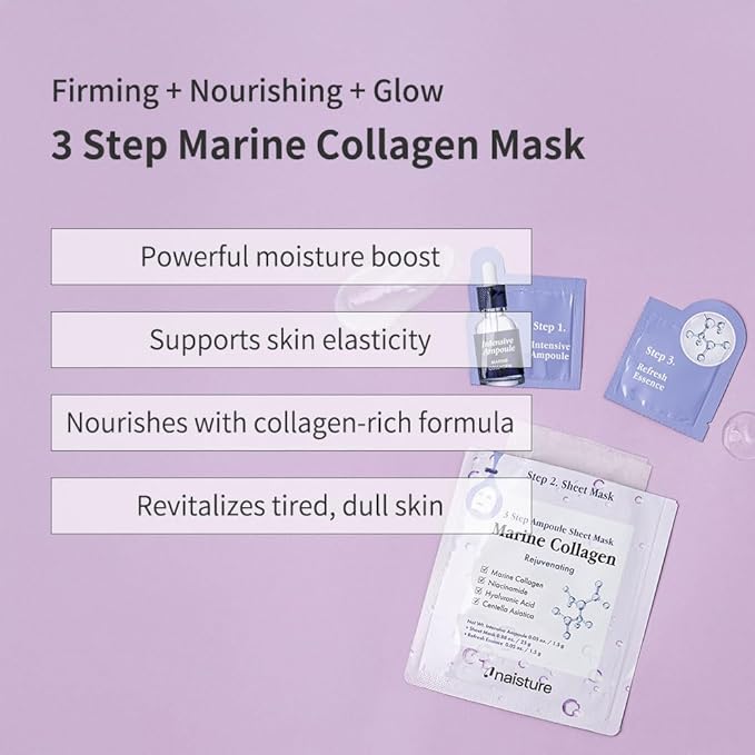Naisture 3 Step Ampoule Mask with Marine Collagen: Hydrating Set for Skin Elasticity, Smoothing, and Moisture. Korean Skincare Kit with Ampoule, Sheet Mask, and Essence (5 pcs)