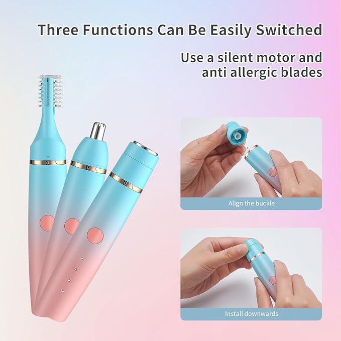 Erkot Nose Hair Trimmer for Men and Women, Eyebrow Trimmer, Electric Shaver Razor 3 in 1, Portable, Waterproof and Rechargeable for Ears, Face, Legs (Blue Pink)