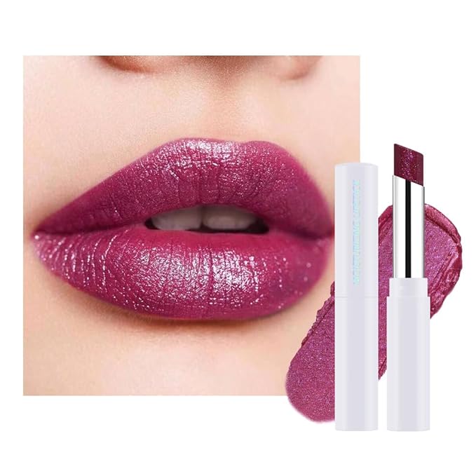 Plum Purple Shimmer Metallic Moisturizing Glow Plumping Lipstick Makeup, Lipstick with Metallic 3D Shine Lightweight Hydrating Formula, Glitter Lip Gloss Stain Long Lasting Waterproof (03#Plum Purple)