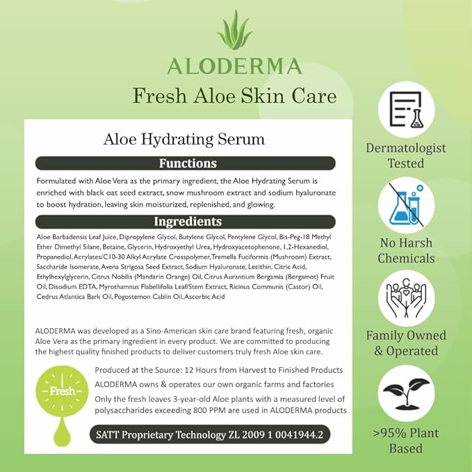 Aloderma Hydrating Aloe Face Serum Made with 65% Organic Aloe Vera - Deep Moisturizing Lightweight Aloe Vera Facial Serum with Hyaluronic Acid for Flawless Skin - Nourishing Serum for Face - 1.7oz
